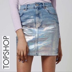 💜Topshop Moto Blue Jean Skirt with metallic Shiny